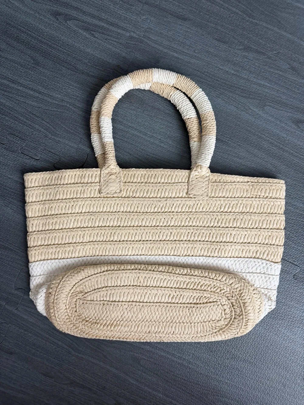 Woven Straw Tote Bag - Beige and White